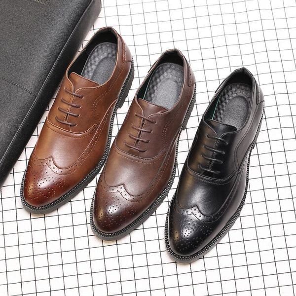 

dress shoes 2021 handmade microfiber leather men oxfords lace-up carved business formal shoes,, Black