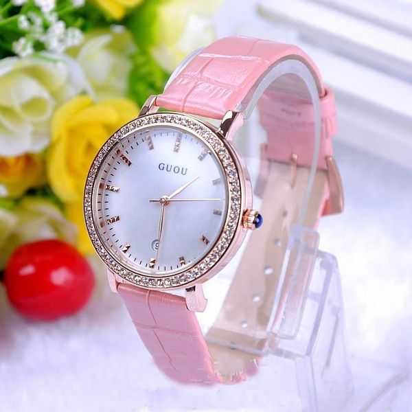 

wristwatches fashion brand quartz watch waterproof women lady genuine leather high grade diamond distinctive with calendar, Slivery;brown