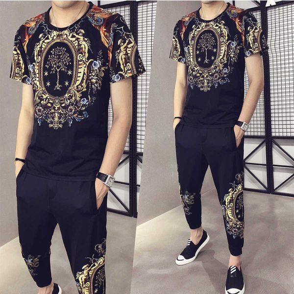 Luxo Retro Sweatsuit Casual Tshirt Calças Conjuntos De Two-Peça Conjunto Tracksuit Homens Wear Street Wear Nightclub Social Roupas Masculinas 210527