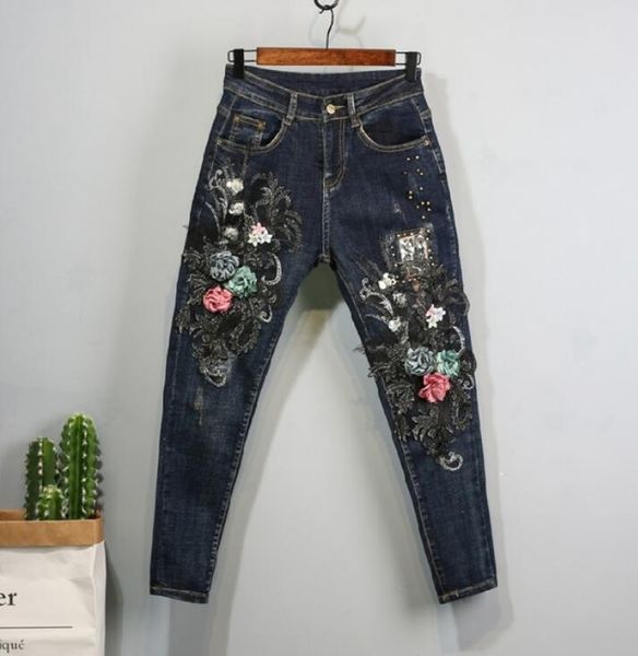 

women's jeans vintage womens 2021 fall winter embroidery beading appliques denim trousers girls students slim jean pants baisc trouser, Blue