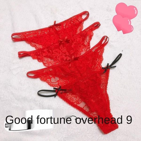 

women's panties 1 year's red lace mesh stitched high school girls' t-pants, year of the ox underwear transparent, Black;pink