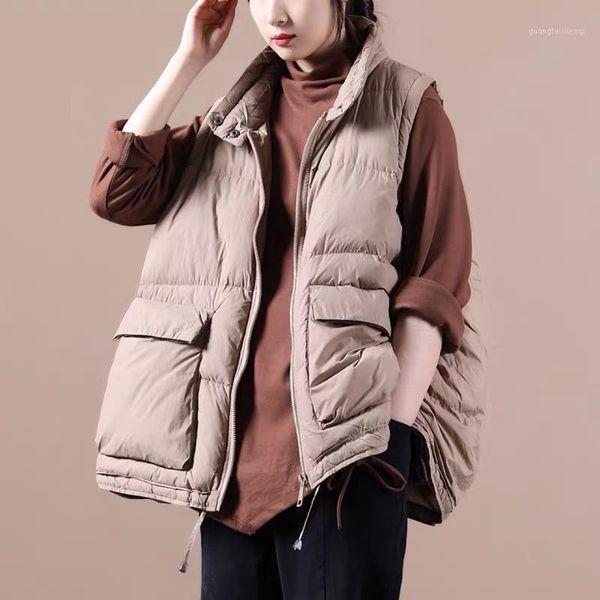 

women's down & parkas womens loose fit full-zip jacket vest sleeveless stand-up collar office lady solid color drawstring hoodie coat, Black