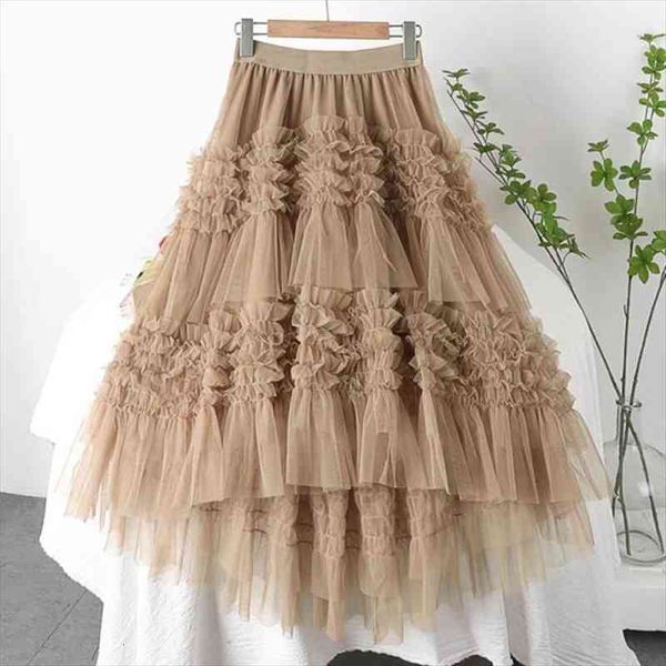 

summer high waist front women skirt short back long double-layer mesh irregular multi-layer wooden ear a-l, Black