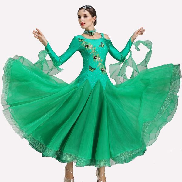 Зеленые бальные танцы соревновательные платья платье вальс платье бахромы светящиеся костюмы стандартные фокстрота для женщин носить