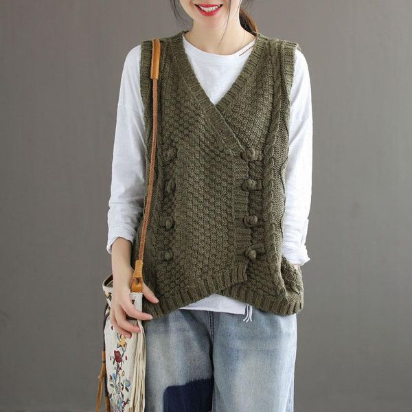 

women's vests 2021 spring autumn vest sweater retro women knitting loose sleeveless ladies casual v-neck button all-match pullover coa, Black;white