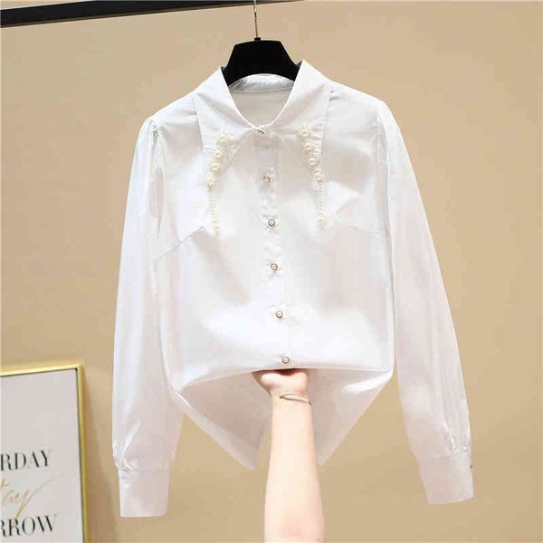 

new spring beading white full turn down collar shirt office lady womens 210421