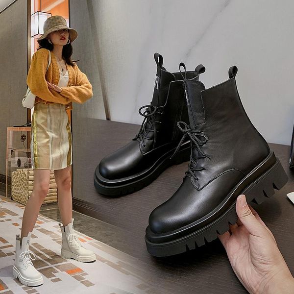 

boots classic design women winter ankle cross tied genuine leather platform chunky heels pumps party working shoes woman, Black