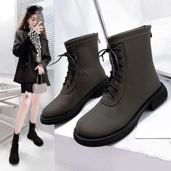 

boots women's mid calf flat heel zipper boots-women round toe shoes rubber mid-calf summer 2021 med autumn rock ladies solid mi, Black
