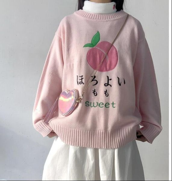 

autumn womens sweaters and winter peach embroidery pink cute loose college round neck sweater drop high quality, White;black
