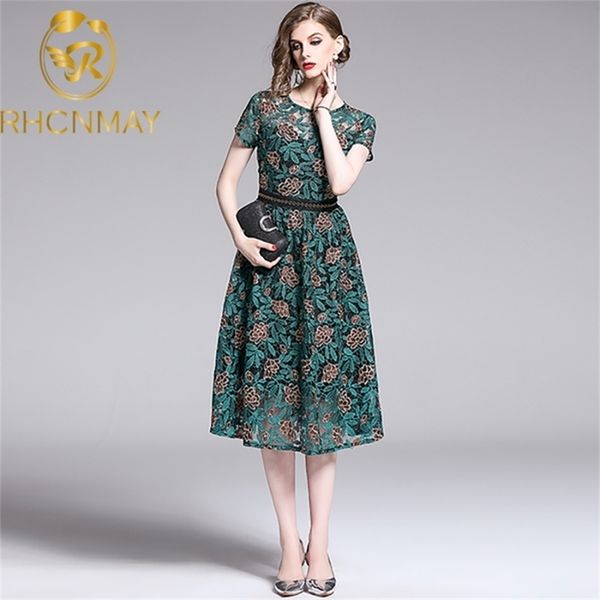 

plus size summer lace dress vintage women floral embroidery short sleeve midi elegant hollow out dresses 210506, Black;gray