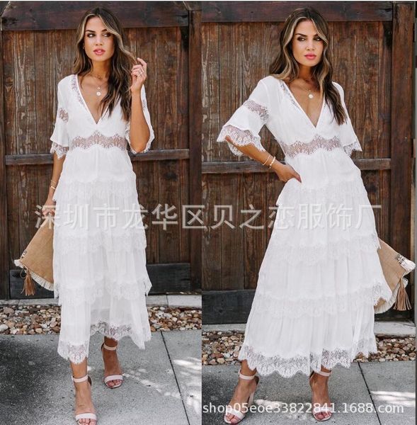 

flared v-neck lace patchwork 2002 sleeve slim new dress, White;black