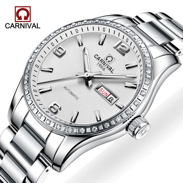 

wristwatches carnival men's fashion stainless steel mechanical watches luminous waterproof calendar business automatic watch reloj homb, Slivery;brown