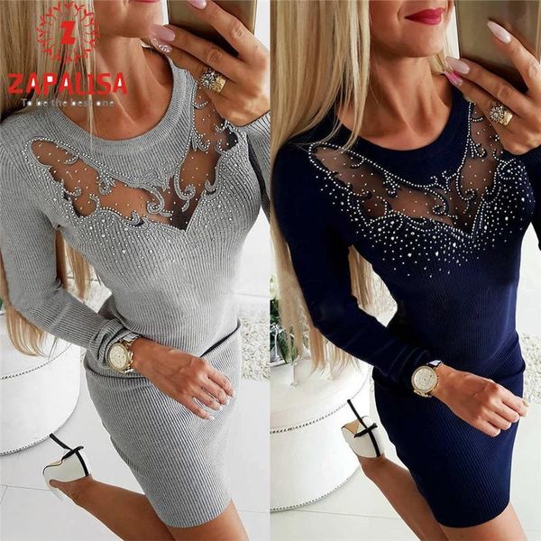 

casual dresses zapalisa skinny sweater dress o neck diamonds decor long sleeve party see through mesh patchwork hips bodycon, Black;gray