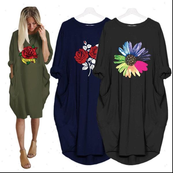

women dress autumn flowers print pocket loose clothes party plus size  5xl kawaii dresses for vestidos romantic black red, Black;gray