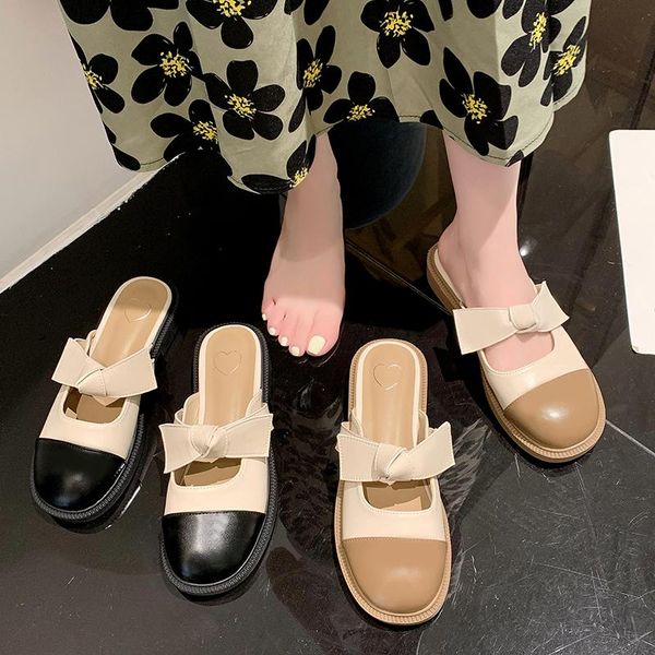 

slippers shoes mules for women 2021 soft cover toe square heel slides fashion loafers pantofle low butterfly-knot comfort summer, Black