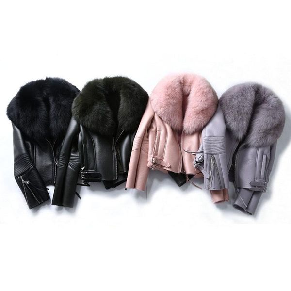 

women's fur & faux 2021 real coat for women winter jacket with natural collar wool lined pu leather fake thick warm clothes, Black
