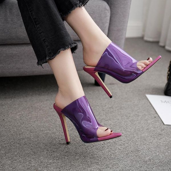 

slippers 2021 pvc jelly crystal open toed thin heels women transparent heel sandals pumps a593, Black