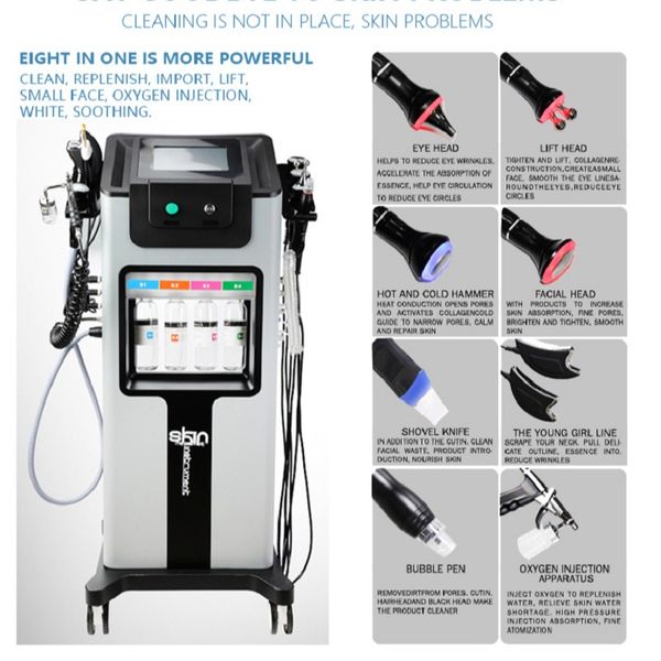 Mikrodermabrasion Sauerstoff Gesichts-Hydrotherapie RF RF Ultraschall Vakuum Mitesserentfernung Gesichtsreinigung Gesichtspflege Salonmaschine mit 8 Griffen