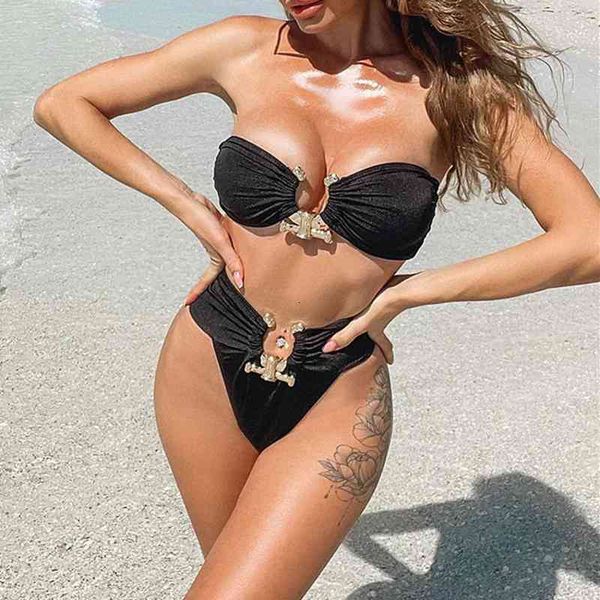 

2021 bikini solid color bra high waist metal accsori women's swimsuit, White;black