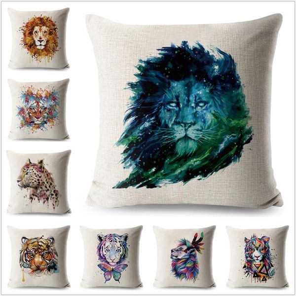 

watercolor cartoon colourful animals pillow case linen 45*decorative cushion cover for sofa home lion tiger throw pillowcase cushion/decorat