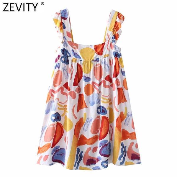 

zevity women vintage square collar pleat ruffles graffiti print mini dress female casual vestido chic beach style dresses ds8384 210603, Black;gray