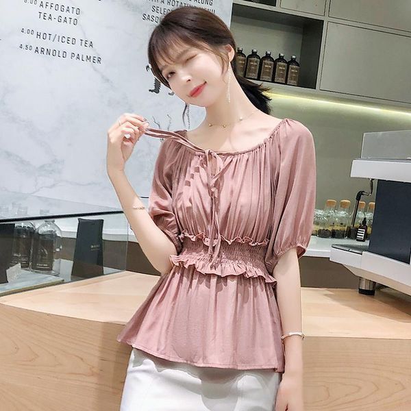 

women's blouses & shirts ailegogo spring summer lace up women blouse casual female elstic waist half sleeve ladies pink chiffon tjsw, White