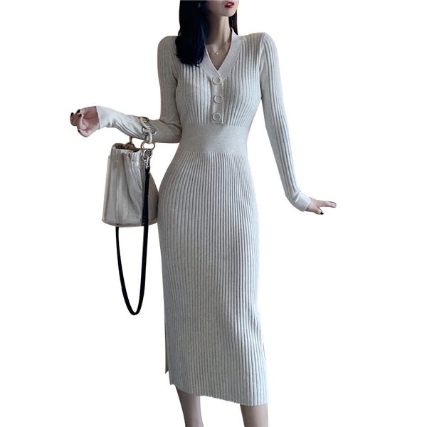 

v-neck pencil sweater dress women autumn winter long sleeve buttons slim long knitwear dress female high waist vestidos 210416, Black;gray