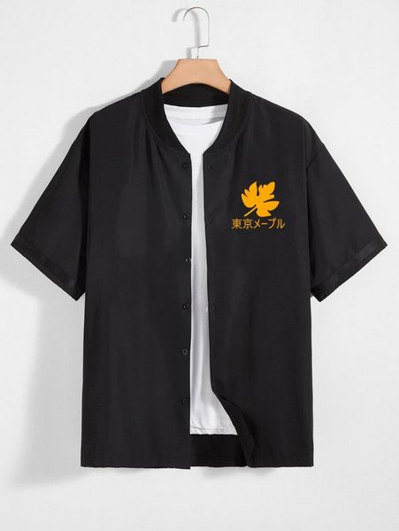 

romwe guys letter maple graphic button front shirt q5ha#, White;black