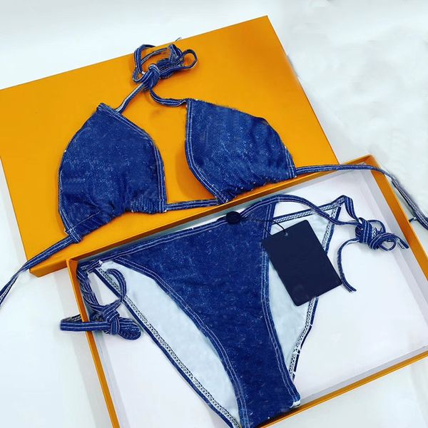 Carta Floral Impressão Azul Mulheres Swimwear Backless Infantil Sexy Banheira Terno Dois Peça Verão Biquini Beach Travel Swimsuit