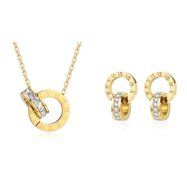 

earrings & necklace luxury and elegant roman numeral crystal earring set ladies fashion stainless steel wedding jewelry, Silver