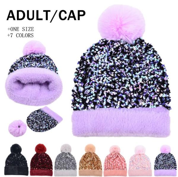 Beanie Pompom de malha chapéus inverno lantejoulas tampão de crânio outono chapéu de lã quente cor contornável bola de cabelo removível headgear para partido novo estilo 7 cores gyl126