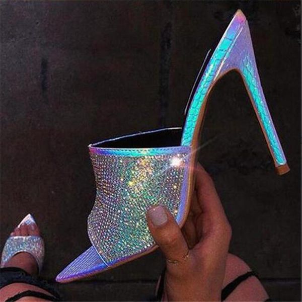 

summer bling rhinestones mules high heels women slippers sandals fashion pointed open toed stiletto mujer zapatos, Black