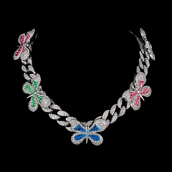 

pendant necklaces colorful butterfly cuban chain choker rhinestone necklace for women, Silver