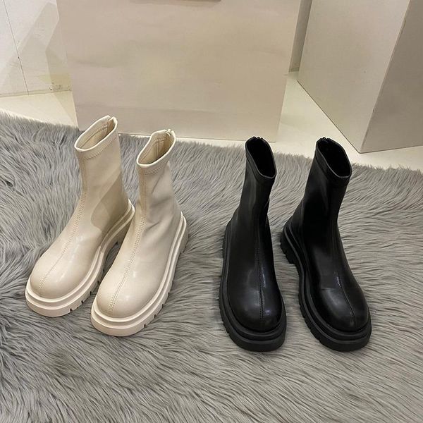 

boots 2021 ankle for women thick bottom round toe genuine leather black white all-match botas feminina platform shoes