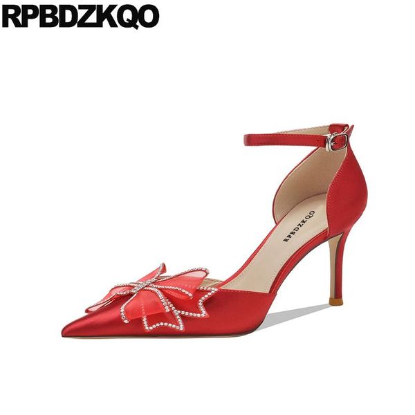 

dress shoes women ankle strap pointed toe bridesmaid high heels bridal catwalk bride bow stiletto red satin pumps diamond crystal 8cm, Black