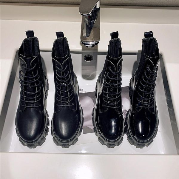 

cootelili women boots lace up 4.5cm heel slip on 2021 fashion boots for woman platform round toe women shoes bot, Black