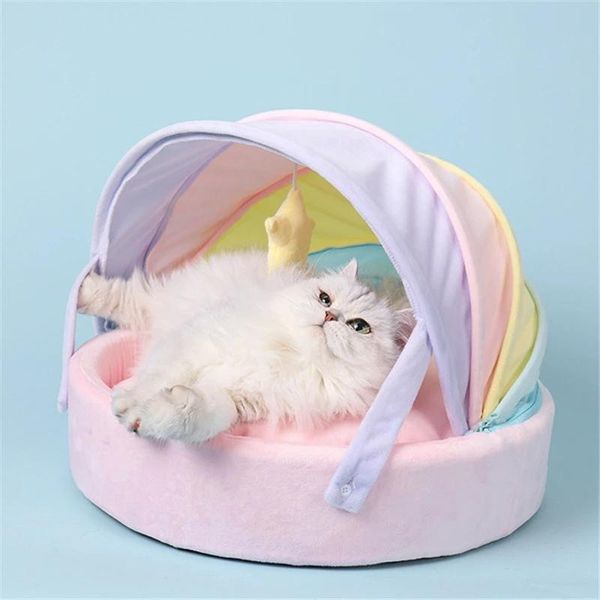 

rainbow pet cat bed indoor round kitten cave cushion house warm basket for small dog nest soft sleeping product beds & furniture