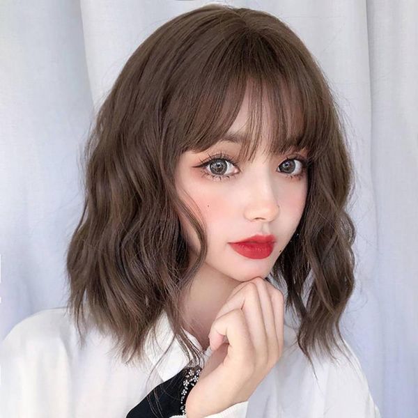 

synthetic wigs houyan short wavy curly hair wig bangs female pink purple cold brown mixed color gold heat-resistant, Black