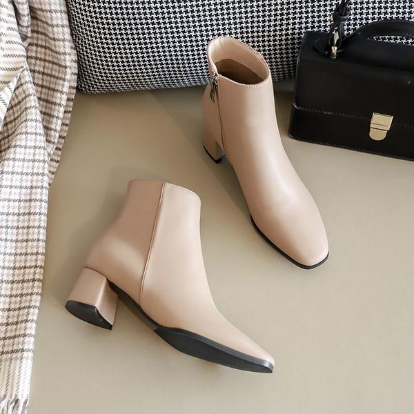 

boots woman ankle short flock pointed toe square heels winter booties 2021 autumn zipper women mujer, Black