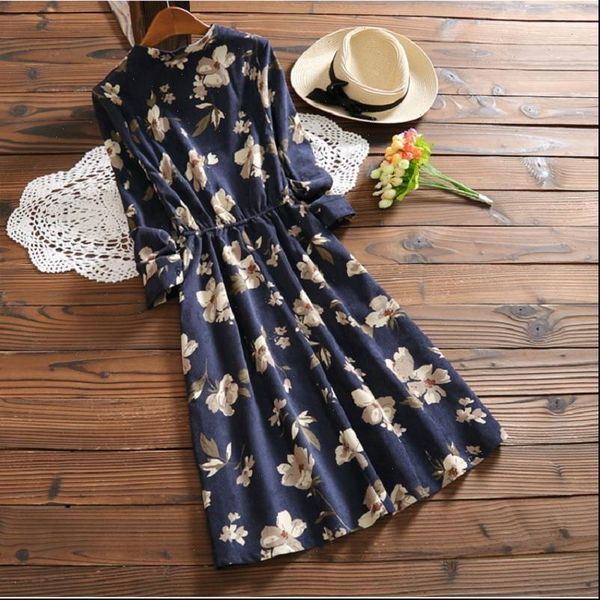 

arrival spring autumn casual loose womens dress waist round neck printed corduroy vestidos long sleeve vintage dresses, Black;gray