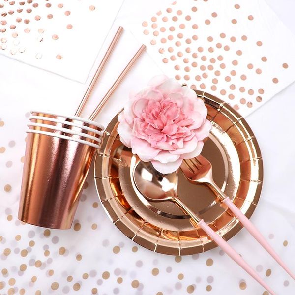 

disposable dinnerware rose gold party tableware champagne cups plates straws birthday decorates kids baby shower supplies