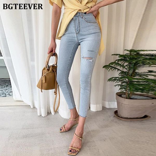 

women's jeans bgteever streetwear ripped holes skinny blue for women 2021 summer autumn denim pencil female ankle-length bottoms