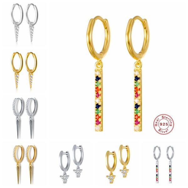 

hoop & huggie gs 925 sterling silver colorful zircon small geometric earrings exquisite triangle cone pendant for women girls, Golden;silver