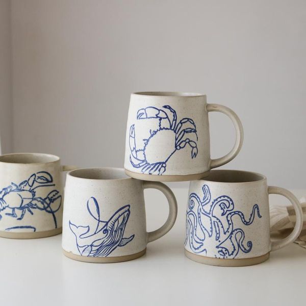 

ceramics rough pottery hand made spot glaze marine crab lobster potbelly mugs