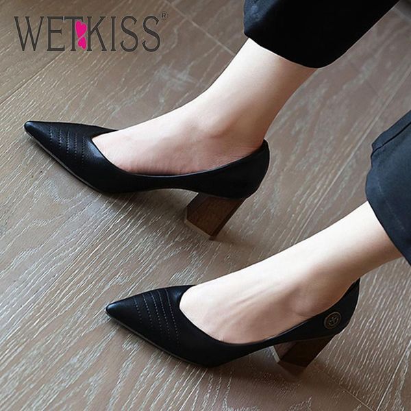 

dress shoes wetkiss fashion women pumps pu leather thick high hee pointed toe shallow footwear heels party ladies, Black