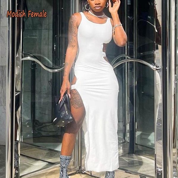 

casual dresses modish female side slit women's summer long dress 2021 sleeveless white wedding party hollow out black cloth sukienka, Black;gray