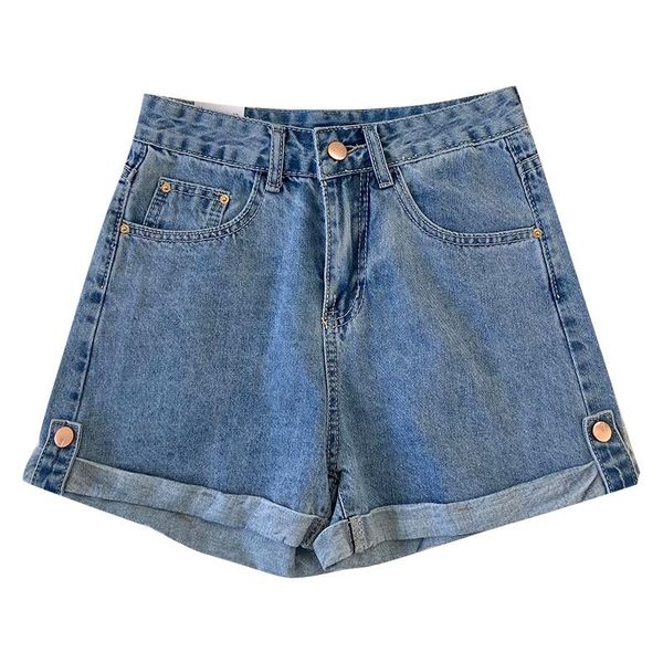 

women's jeans comfortable washed blue curled buckle summer retro high waist loose all-match denim shorts