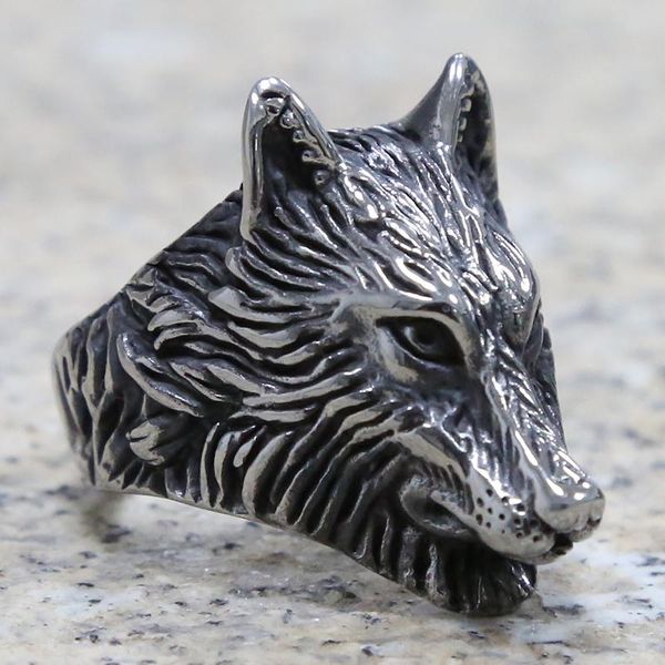 

cluster rings personality viking nordic wolf head ring men's motor biker stainless steel punk rock cool male animal hip hop jewelry, Golden;silver
