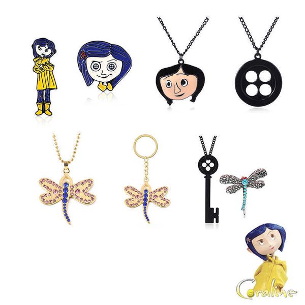RJ 20 Stück ganze Anime Coraline Halskette Libelle Anhänger schwarzer Knopf Schlüssel Schädel Halloween Halsband Cosplay Schmuck Fans Geschenk