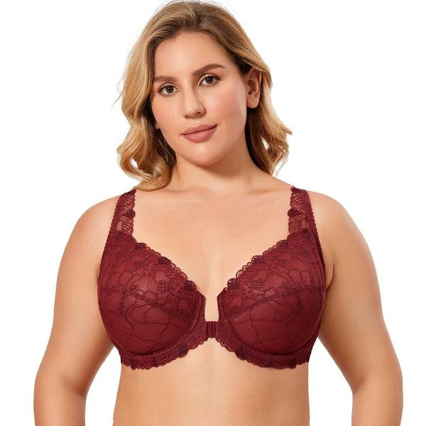 

bras women's sheer front closure bra full coverage embroidered floral lace underwire unlined, Red;black